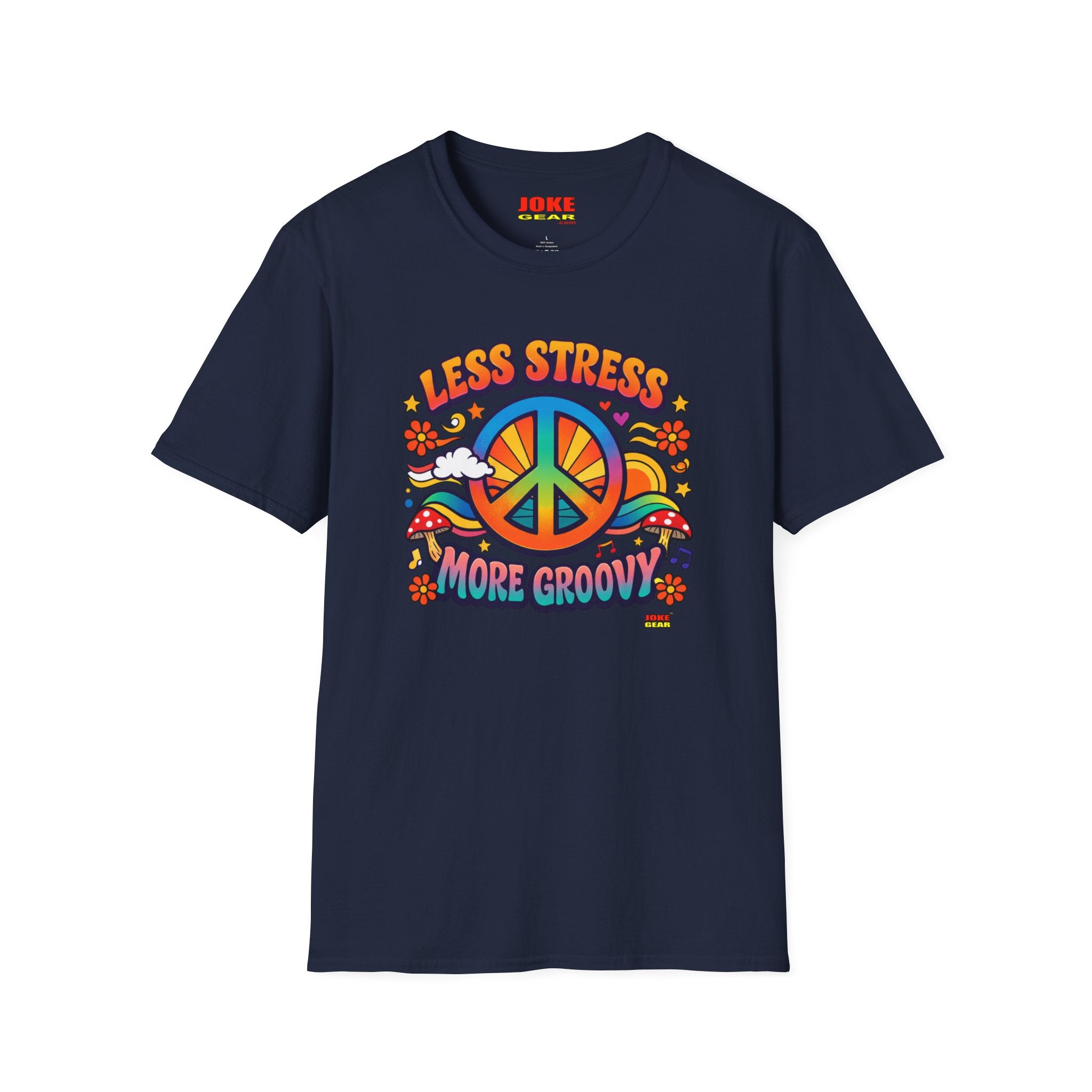 Less Stress More Groovy T-Shirt — Retro Peace Sign Hippie Tee