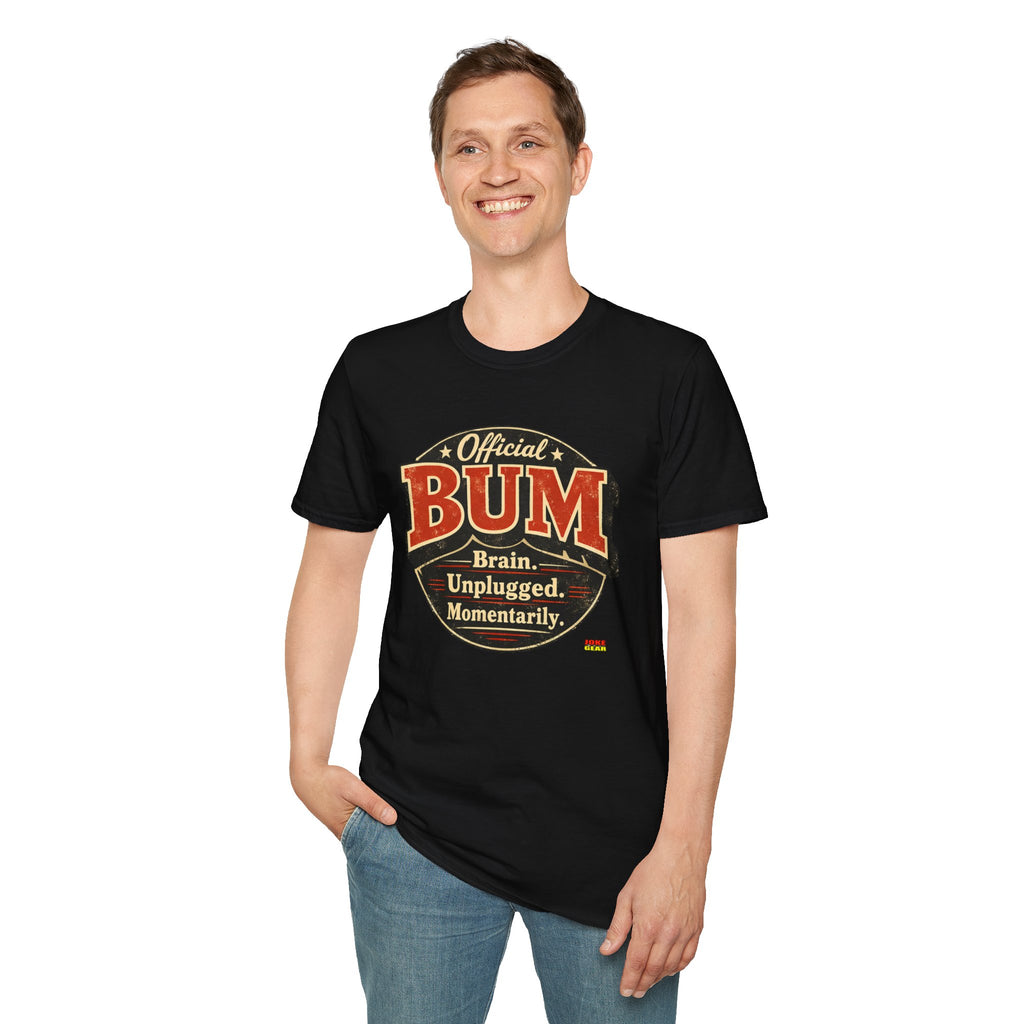 Official BUM Vintage Badge T-Shirt — "Brain. Unplugged. Momentarily." Retro Graphic Tee
