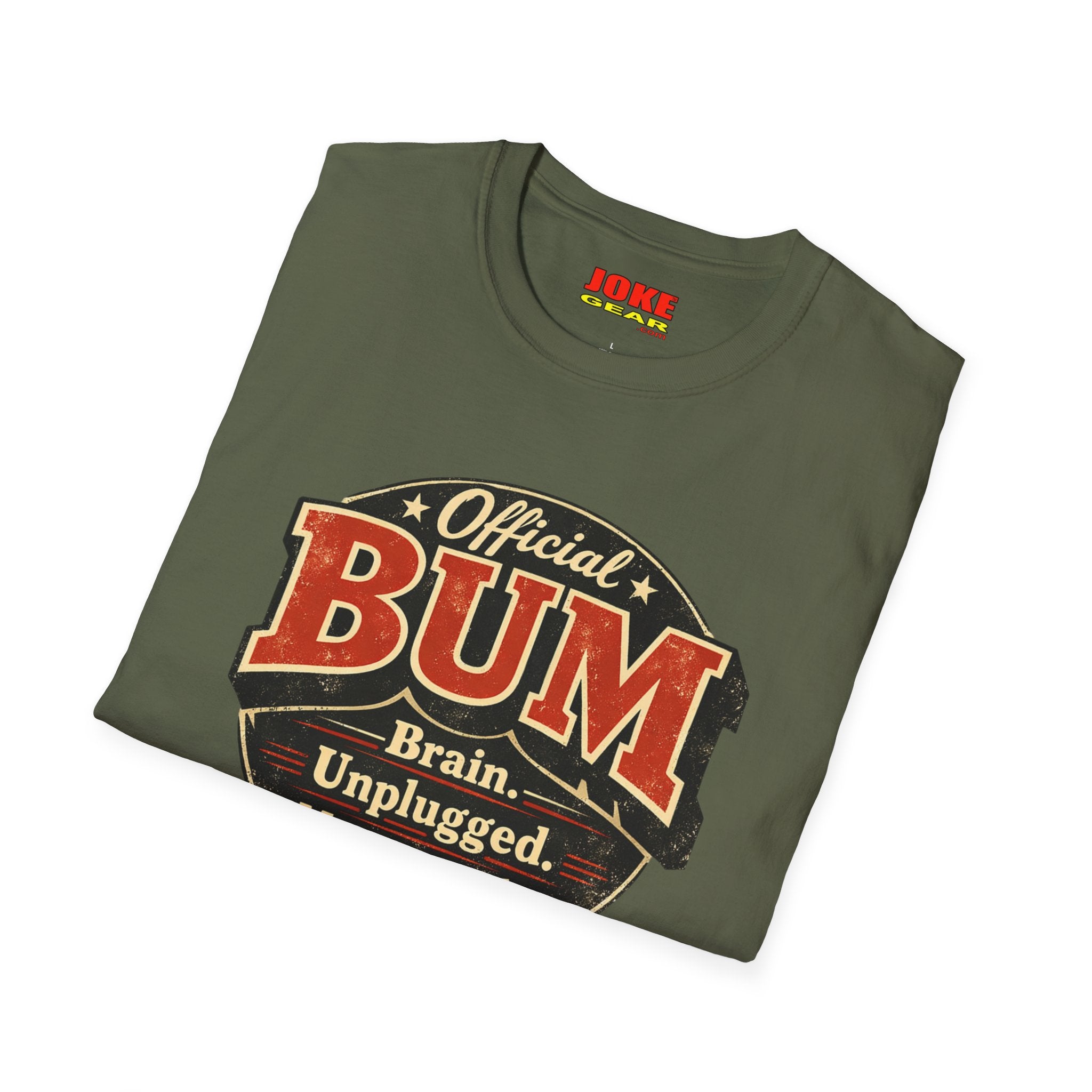 Official BUM Vintage Badge T-Shirt — "Brain. Unplugged. Momentarily." Retro Graphic Tee