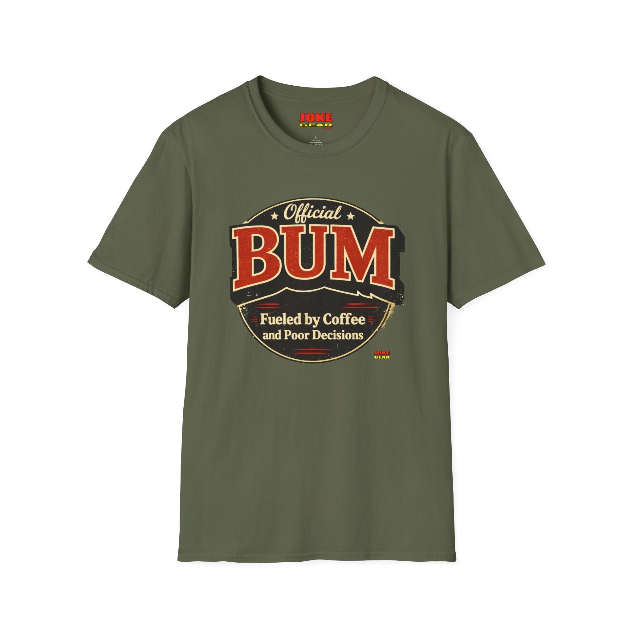 Official BUM T-Shirt — "Fueled by Coffee and Poor Decisions" Vintage Logo Tee