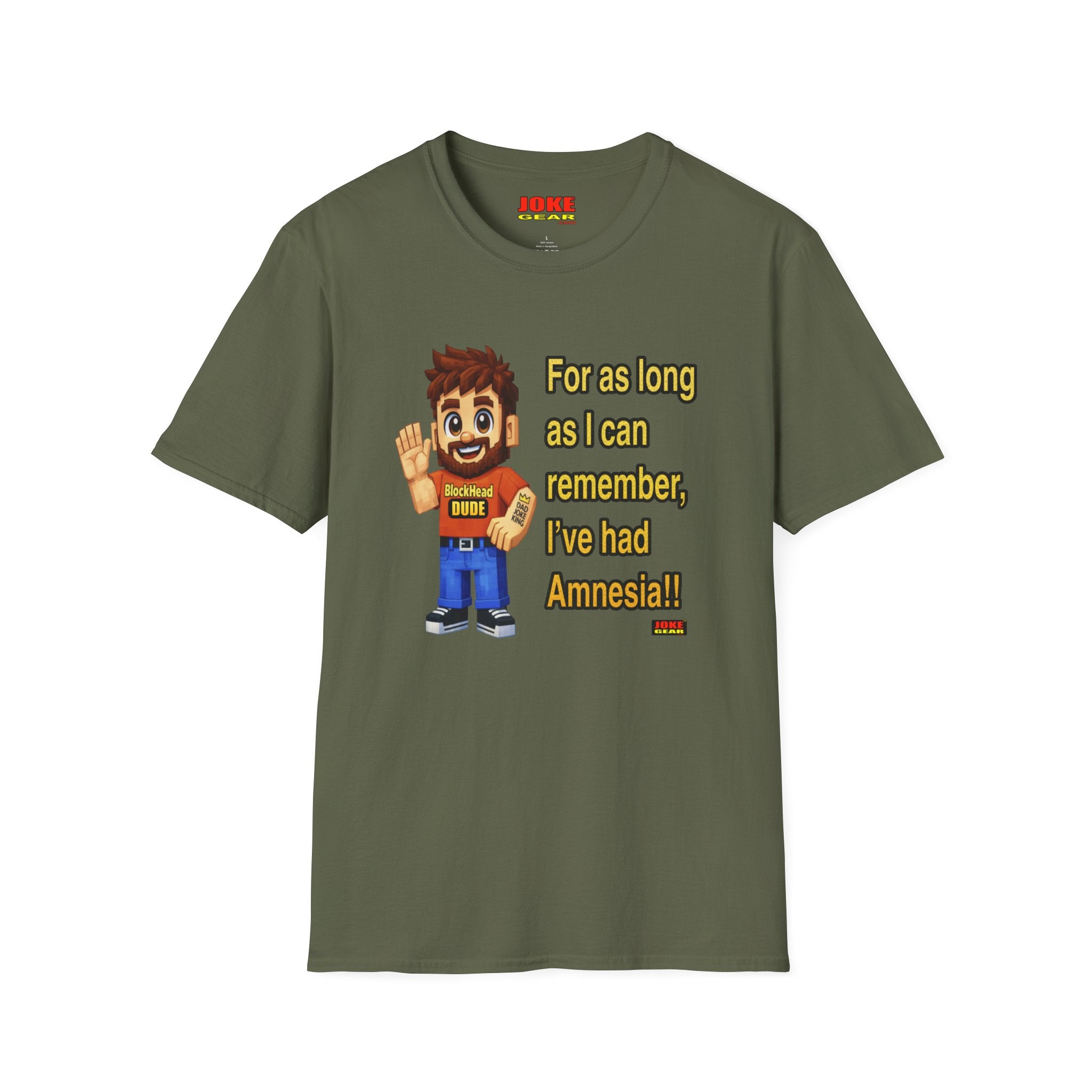 Funny Amnesia Joke T-Shirt — Cartoon Guy "For as long as I can remember, I've had Amnesia!"