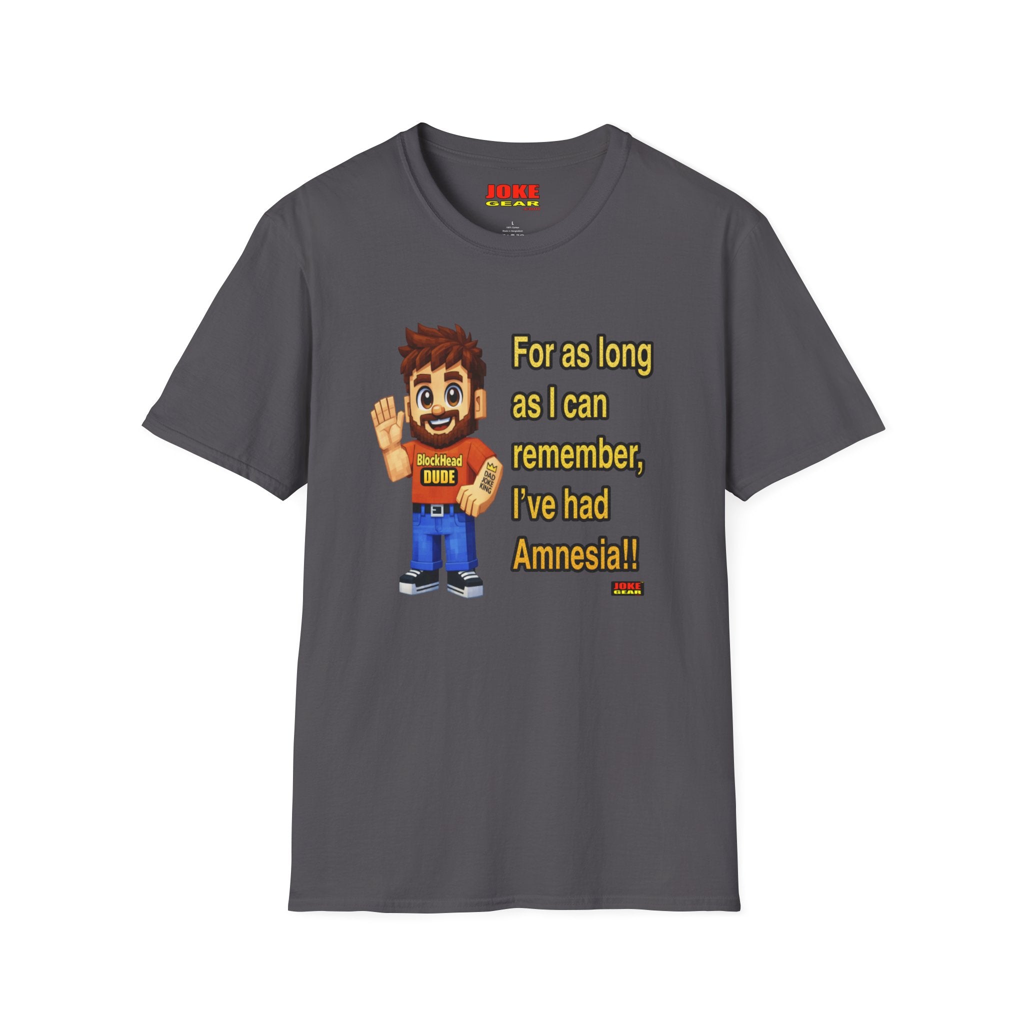 Funny Amnesia Joke T-Shirt — Cartoon Guy "For as long as I can remember, I've had Amnesia!"