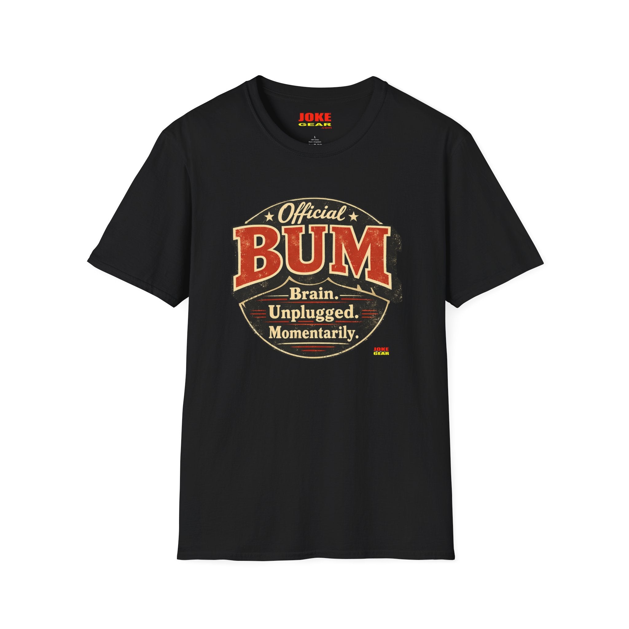 Official BUM Vintage Badge T-Shirt — "Brain. Unplugged. Momentarily." Retro Graphic Tee