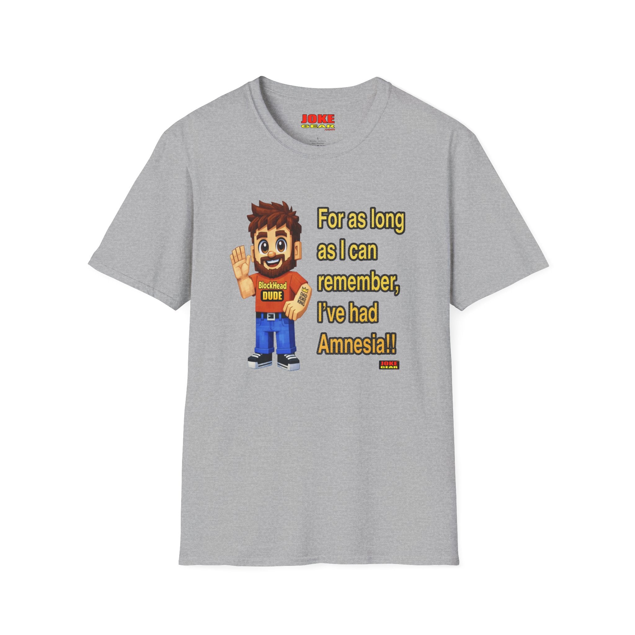 Funny Amnesia Joke T-Shirt — Cartoon Guy "For as long as I can remember, I've had Amnesia!"