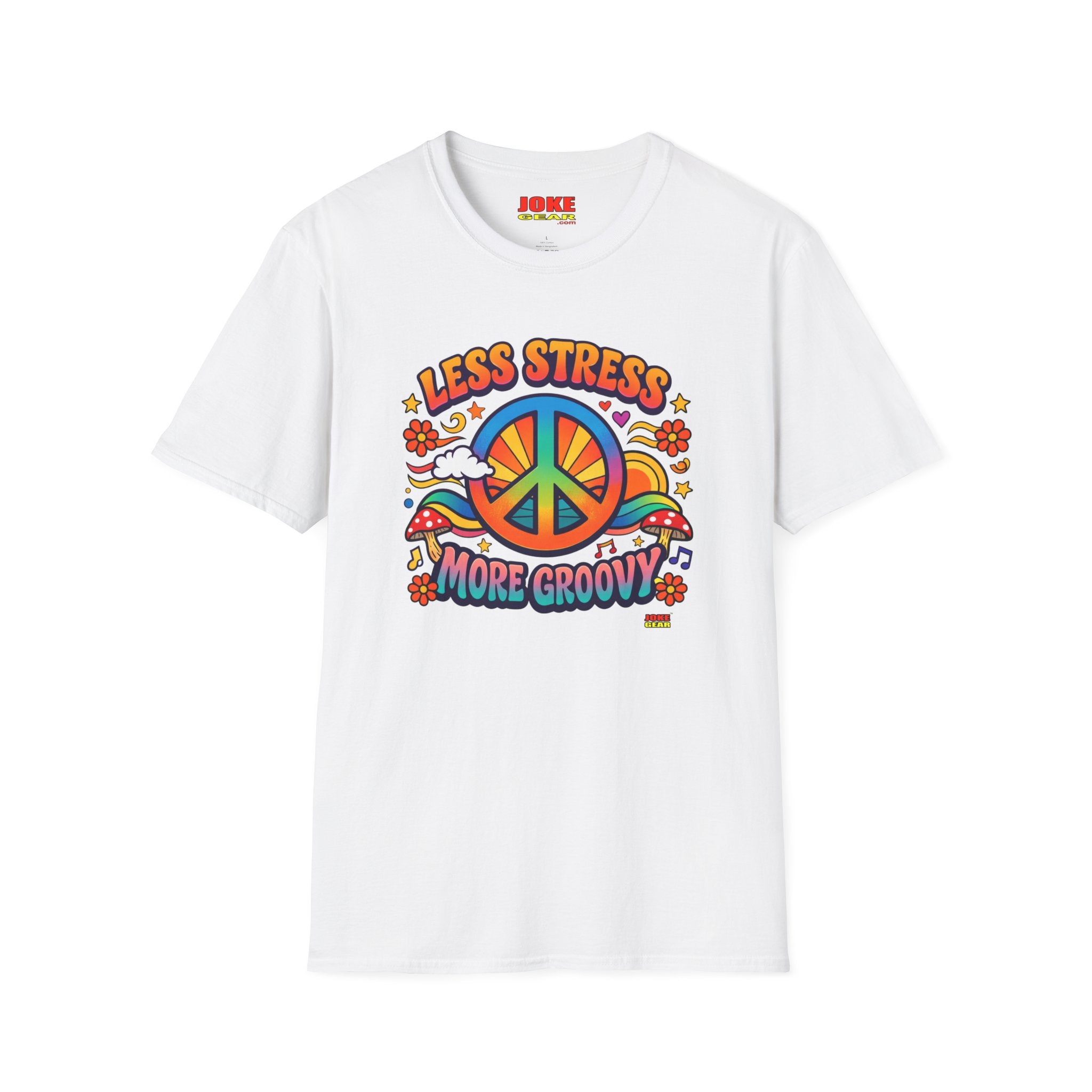 Less Stress More Groovy T-Shirt — Retro Peace Sign Hippie Tee